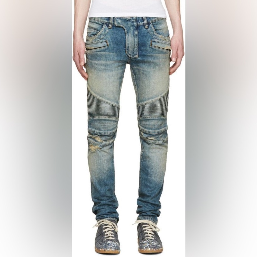 Balmain Biker Moto Distressed Japanese Denim Jeans